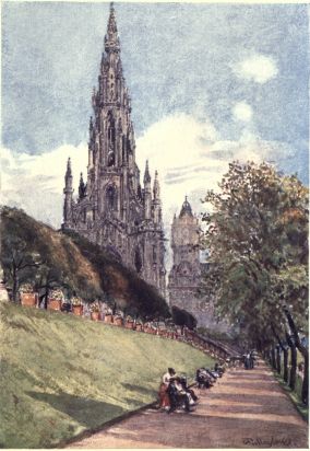 SIR WALTER SCOTT’S MONUMENT FROM THE EAST PRINCES ST. GARDENS On the higher level above the green slope lies the part of the Gardens fronting Princes Street. The monument gains in height viewed from this lower level. The tower in the distance is that attached to the North British Railway Hotel.