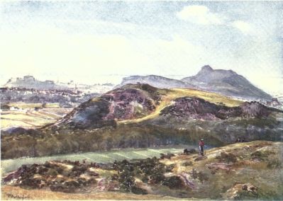 ARTHUR’S SEAT FROM THE BRAID HILLS In the immediate foreground is a portion of the Braid Hills; farther on the Blackford Hill with the shelter on its highest point, and at the end of the slope to the right the New Royal Observatory. To the left are part of Edinburgh, the mass of the Castle, and the shores of Fife. The Salisbury Crags and “Lion” of Arthur’s Seat are above all.