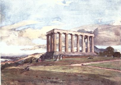 THE NATIONAL MONUMENT ON CALTON HILL This noble monument represents a partial reproduction of the Parthenon on the Acropolis at Athens. In the picture the spectator is supposed to be looking at the north-west angle of the Temple, showing the eight columns of the west front and two on the north side. On the left of the picture is a glimpse of the Firth of Forth, while to the right, behind the columns, rises Arthur’s Seat.