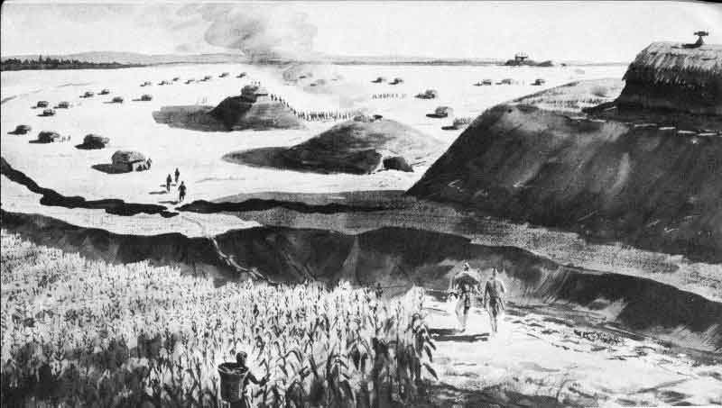 Ancient Life at Ocmulgee. Artist’s conception of temple mound village of about A. D. 1000, seen from the riverside.