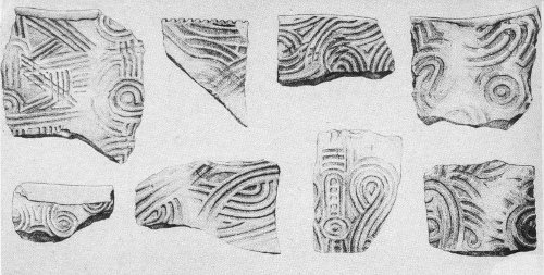 Fragments of Swift Creek stamp designs. Scale about two-fifths.