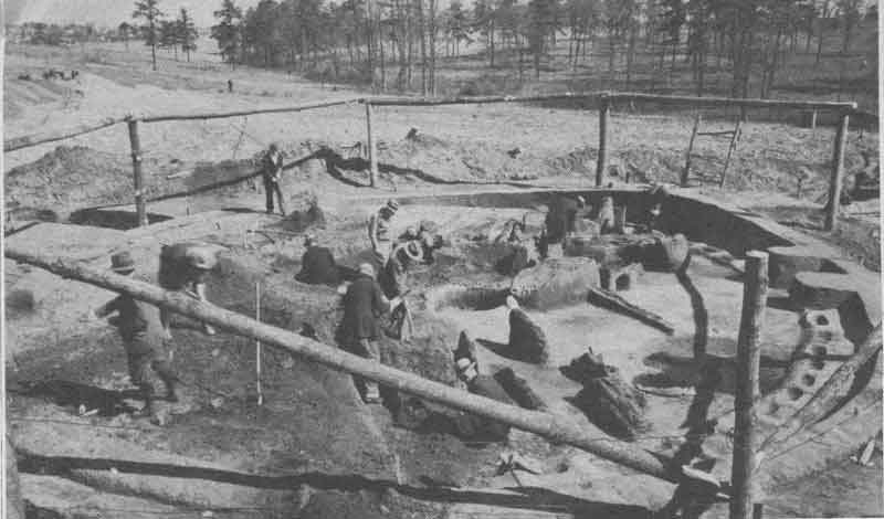 Early stage in excavation of the ceremonial earthlodge at Ocmulgee.