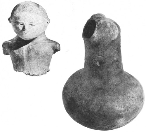 Effigy bottles were usually a finer grade of pottery and generally accompanied burials. The hole in the human figure is in the back of the head; the face is painted white, the body red, and the hair the natural brown of clay. Diameter of bottle, 5⁵/₁₆ inches.