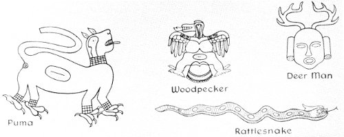 Some of the important beings of the Southern Cult as depicted on shell or copper: Puma, Woodpecker, Deer Man, Rattlesnake.