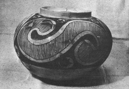 A pottery “kiva” jar. Mesa Verde style. Diameter at mouth, 4½″; Maximum diameter, 13⅓″; Height, 9½″.