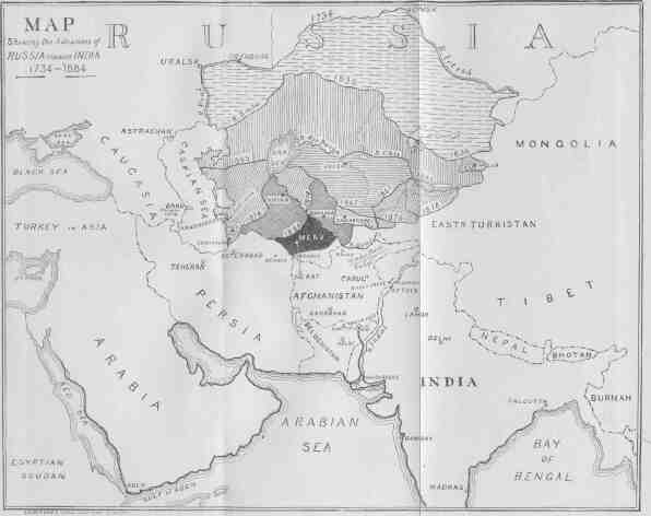 MAP Showing the Advances of RUSSIA towards INDIA 1734-1884.