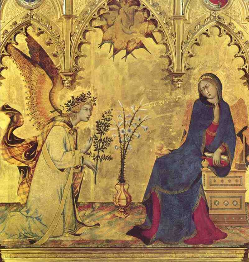 Annunciation triptych, middle panel, scene: Annunciation, detail. Simone Martini