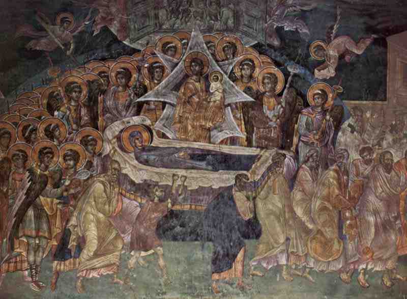 Fresco in the church of Gracanica, scene: death of Maria. Master of Gracanica (II