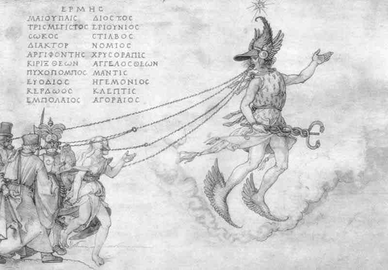 Ambras Art Book: Allegory of the eloquence (Hermes with four earthly figures: woman, warrior, scholar and citizen), Albrecht Dürer