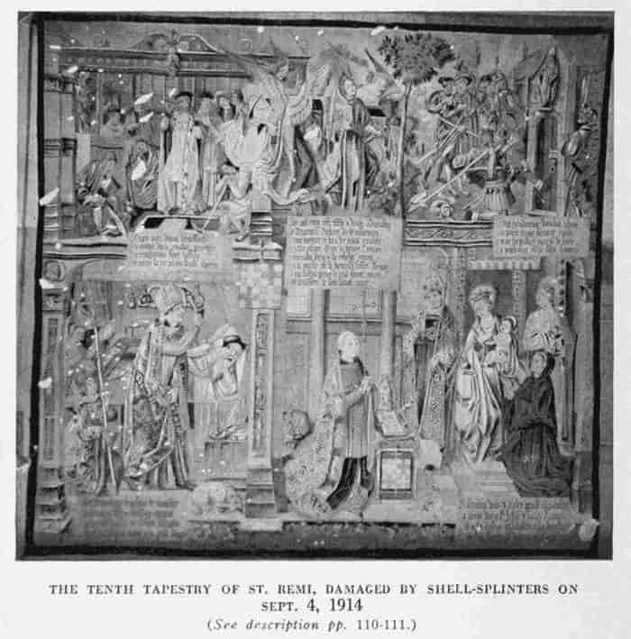 THE TENTH TAPESTRY OF ST. REMI, DAMAGED BY SHELL-SPLINTERS ON SEPT. 4, 1914 (See description, pp. 110, 111.)