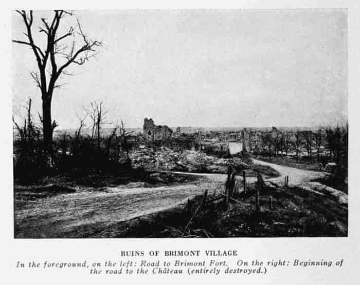 RUINS OF BRIMONT VILLAGE In the foreground, on the left: Road to Brimont Fort. On the right: Beginning of the road to the Château (entirely destroyed).