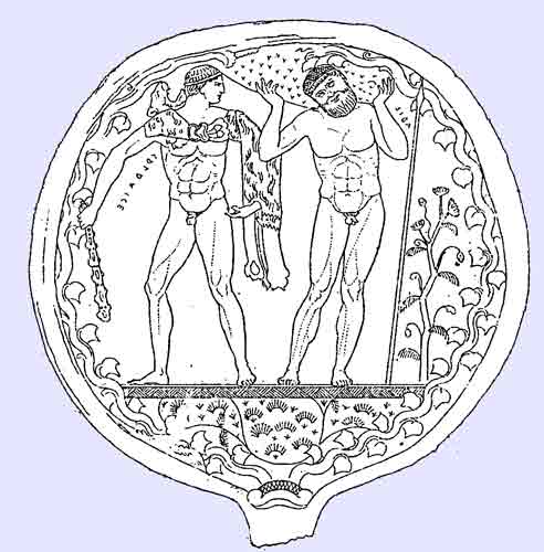 Heracles and Atlas, decoration of an Etruscan Mirror