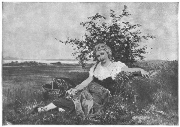 A young woman reclines on a bank, a basket beside her