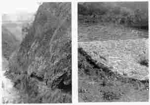 Fig. 47—The Urubamba Valley below Paltaybamba. Harder rocks intruded into the schists that in general compose the valley walls here form steep scarps. It has been suggested (Davis) that such a constricted portion of a valley be called a “shut-in.” The old trail climbed to the top of the valley and over the back of a huge spur. The new road is virtually a tunnel blasted along the face of a cliff.