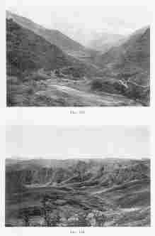 Fig. 129—Composition of slopes at Puquiura, Vilcabamba Valley, elevation 9,000 feet (2,740 m.). The second prominent spur entering the valley on the left has a flattish top unrelated to the rock structure. Like the spurs on the right its blunt end and flat top indicate an earlier erosion cycle at a lower elevation.