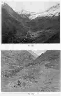 Fig. 137—Looking up a spurless flat-floored glacial trough near the Chucuito pass in the Cordillera Vilcapampa from 14,200 feet (4,330 m.). Note the looped terminal and lateral moraines on the steep valley wall on the left. A stone fence from wall to wall serves to inclose the flock of the mountain shepherd.
