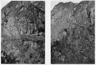 Fig. 144—Cliffed canyon wall in the Urubamba Valley between Huadquiña and Torontoy. There is a descent of nearly 2,000 feet shown in the photograph and it is developed almost wholly along successive joint planes.
