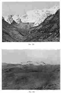 Fig. 193—Panta Mountain and its glacier system. The talus-covered mass in the center (B) is a terminal moraine topped by the dirt-stained glacier that descends from the crest. The separate glaciers were formerly united to form a huge ice tongue that truncated the lateral spurs and flattened the valley floor. One of its former stages is shown by the terminal moraine in the middle distance, breached by a stream, and impounding a lake not visible from this point of view.