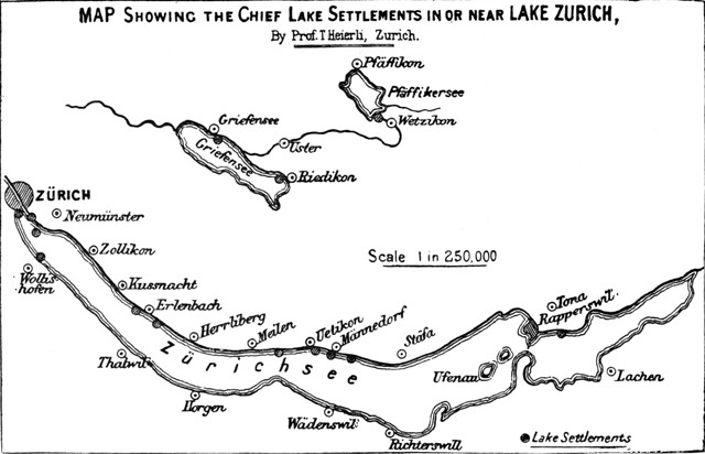 MAP Showing the Chief Lake Settlements in or near LAKE ZURICH, By Prof. T. Heierli, Zurich.