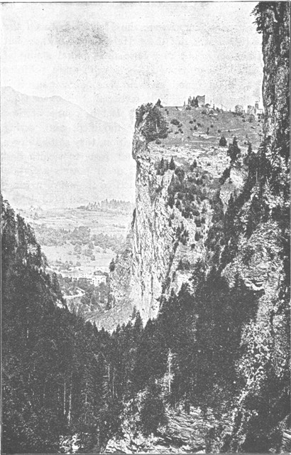 JOHANNISSTEIN, WITH RUINS OF CASTLE OF "HOHENRHÆTIA," NEAR THUSIS, GRAUBÜNDEN. (From a Photograph.)