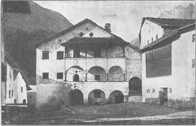 HOUSE (FORMERLY CHAPLE) IN THE ROMAUNSH STYLE, AT SCHULS, LOWER ENGADINE, GRAUBÜNDEN. (After a Photograph by Guler.)
