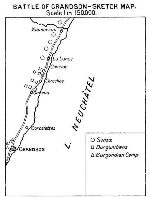 BATTLE OF GRANDSON—SKETCH MAP. Scale 1 in 150,000. MAP OF GRANDSON DISTRICT.