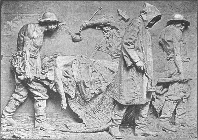 "VICTIMS OF THE WORK," ST. GOTHARD TUNNEL, FROM A BAS-RELIEF BY VELA. (Photographed by Guler. By permission of the Sculptor.)
