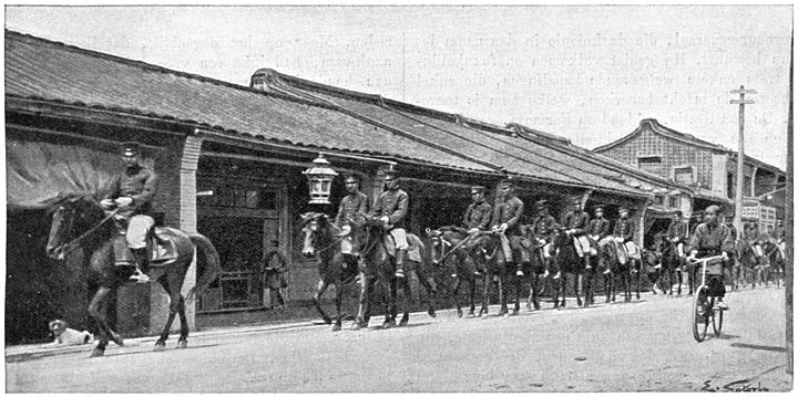 Japansche ruiters in een straat der hoofdstad, Taïhokoe.