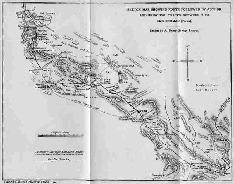 Sketch Map Showing Route Followed by Author and Principal Tracks between Kum and Kerman (Persia).