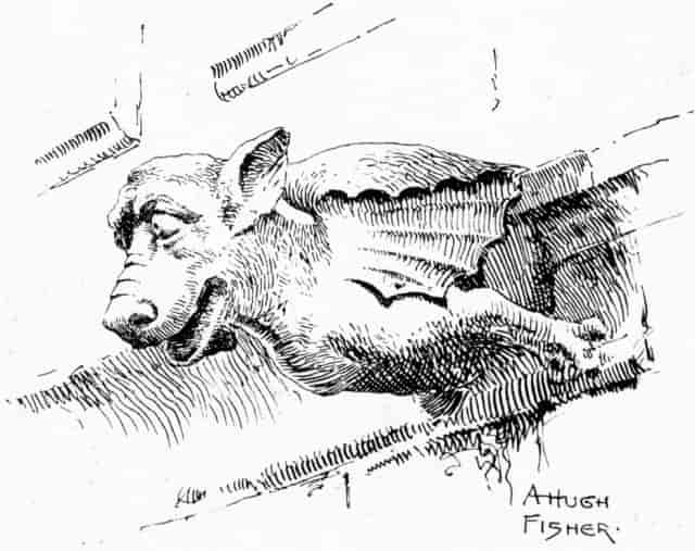 Illustration: A GARGOYLE IN THE CLOISTERS. DRAWN BY A. HUGH FISHER.
