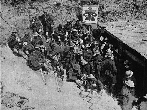 CANADIAN Y.M.C.A. DUG-OUT IN A MINE CRATER ON VIMY RIDGE, 1917