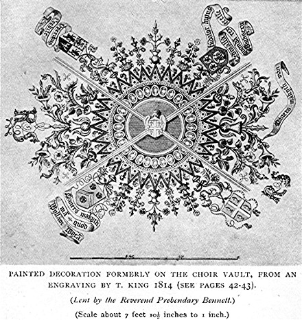 PAINTED DECORATION FORMERLY ON THE CHOIR VAULT, FROM AN ENGRAVING BY T. KING 1814 (SEE PAGES 42-43). (Lent by the Reverend Prebendary Bennett.) (Scale about 7 feet 10½ inches to 1 inch.)