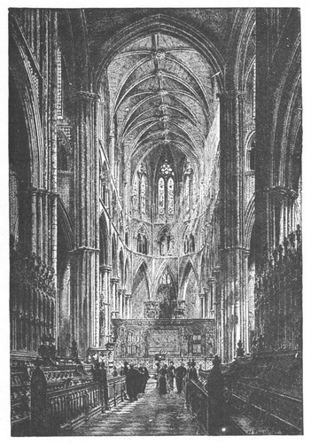 WESTMINSTER ABBEY, LOOKING TOWARD THE ALTAR. From etching by H. Toussaint.