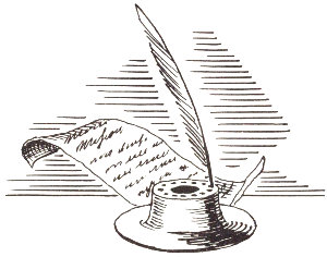 Quill pen, inkwell, and paper
