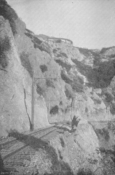 Garden of the Gods, showing Two Sections, with portion of Circular Bridge, Mount Lowe.