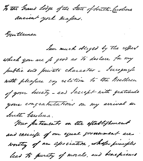 Fac-simile of Draft of Washington's Reply to Address from Grand Lodge of South Carolina, May, 1791