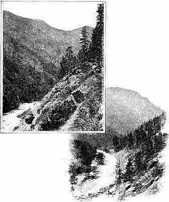 Two images of mountain river and railroad on right bank, one with train engine heading north.