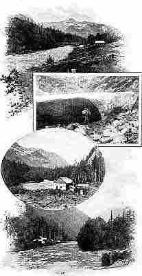 Wooden panning sluices; railroad bridge; mining cave; two river cabins, one logged for homesteading.