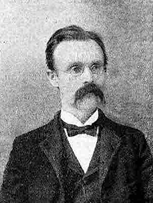 Round wire-frame glasses; walrus moustache; folded-corner collar, bow tie, jacket and vest.