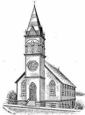 Charcoal drawing; two story frame church, four story bell-tower steeple; arched windows.