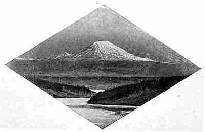 Snow-capped mountain, dark sky; river winding through lower elevations, diamond-shaped frame.