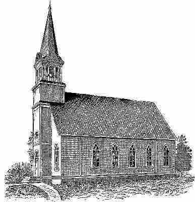 Charcoal drawing; single story frame building; three-story bell-tower steeple.