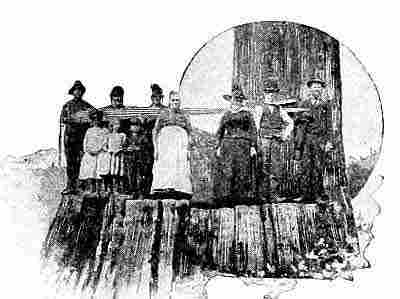 Four men, three women, two girls, and one boy standing on a cedar stump.