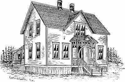Charcoal drawing; two-story gabled frame house, large four-pane windows, small covered porch.
