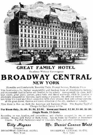 advert - Great Family Hotel, Broadway Central, New York